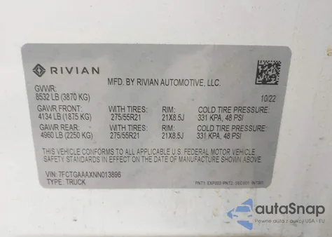 2022 Rivian R1T Adventure из США, поврежденный, VIN 7FCTGAAAXNN013896